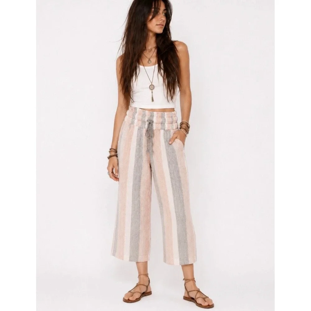 Free People Wide Leg Palazzo Pants Cotton Natural Fibers Striped Capris Beach S